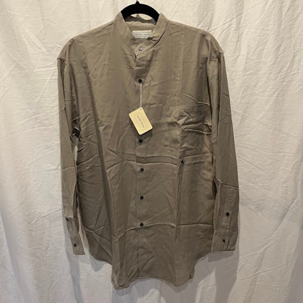 NWT Jeffrey Banks Shirt Silk Tan Brown Band Collar Long Sleeve Button Down Sz M